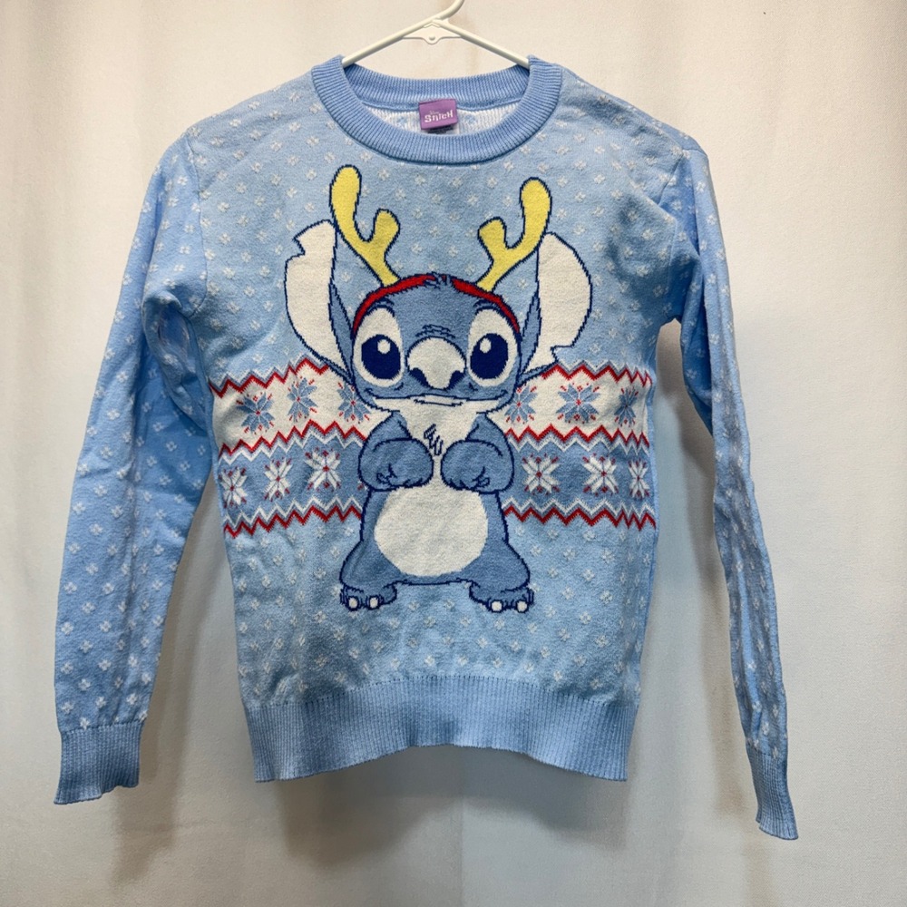 Disney Stitch Sweater Kids Large 10-12 Blue Holiday Reindeer Fair Isle Christmas